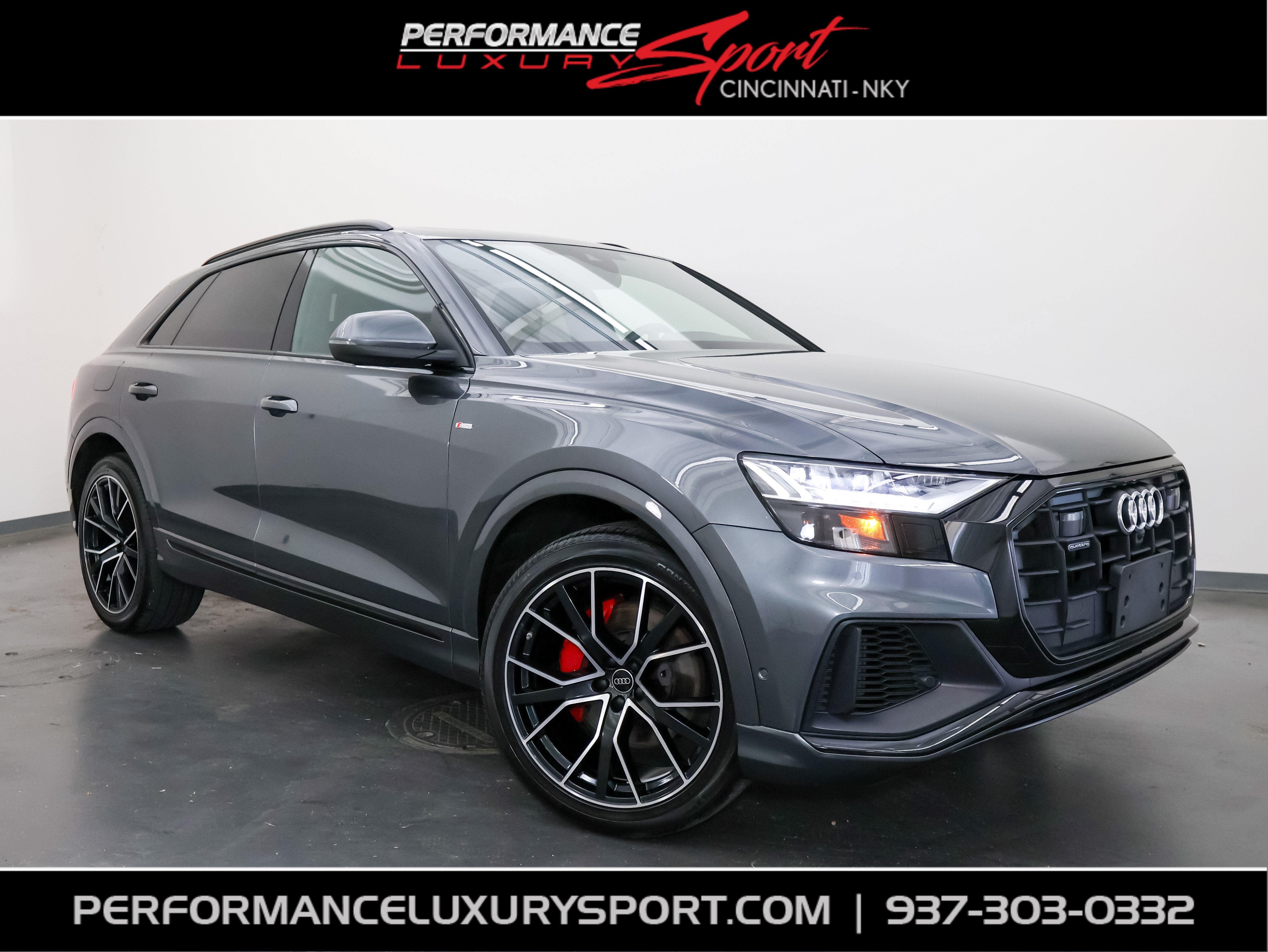 2023 Audi Q8 Premium Plus in Daytona Gray Pearl Effect — front three-quarter view