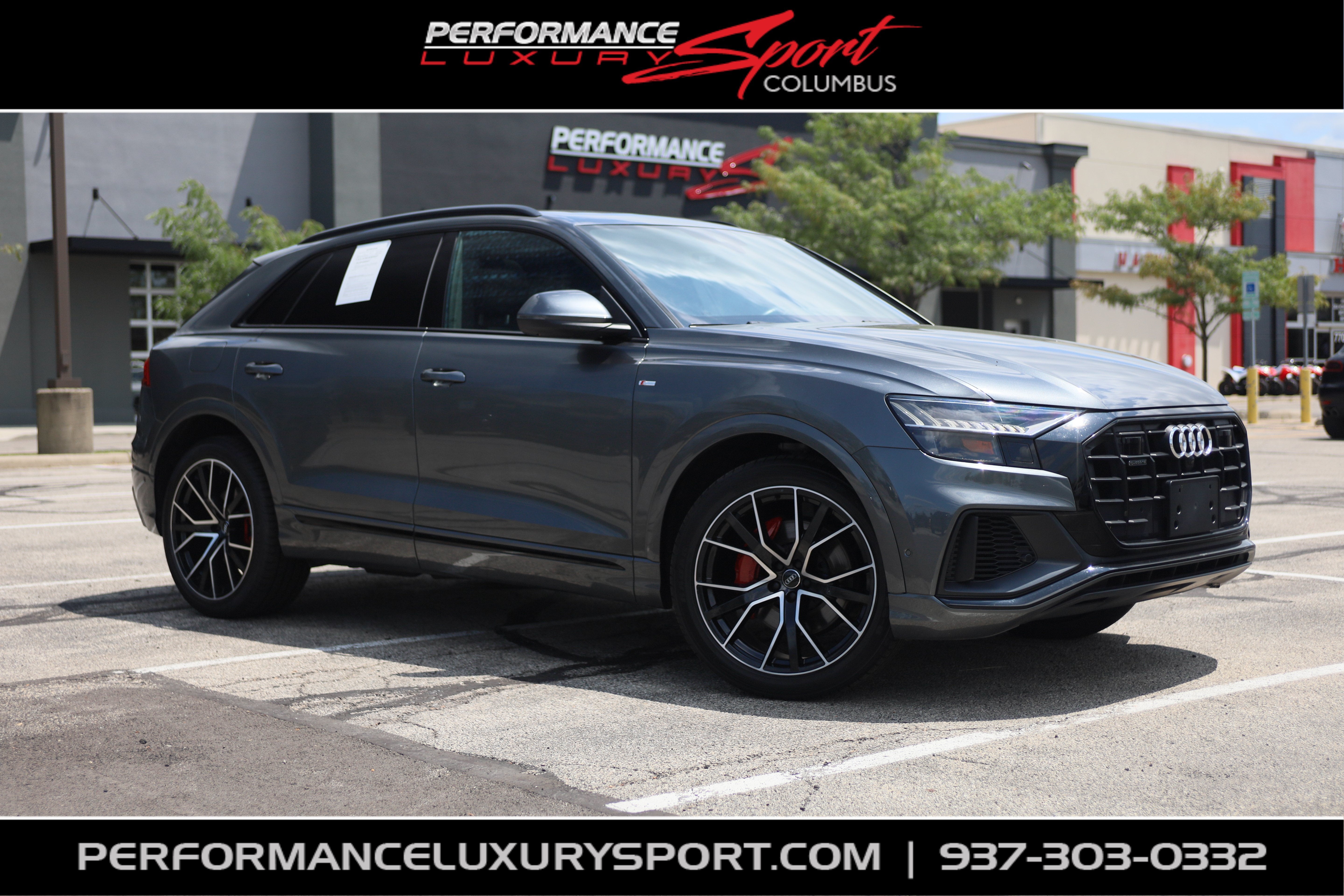 2020 Audi Q8 Prestige in Daytona Gray Pearl Effect — front three-quarter view