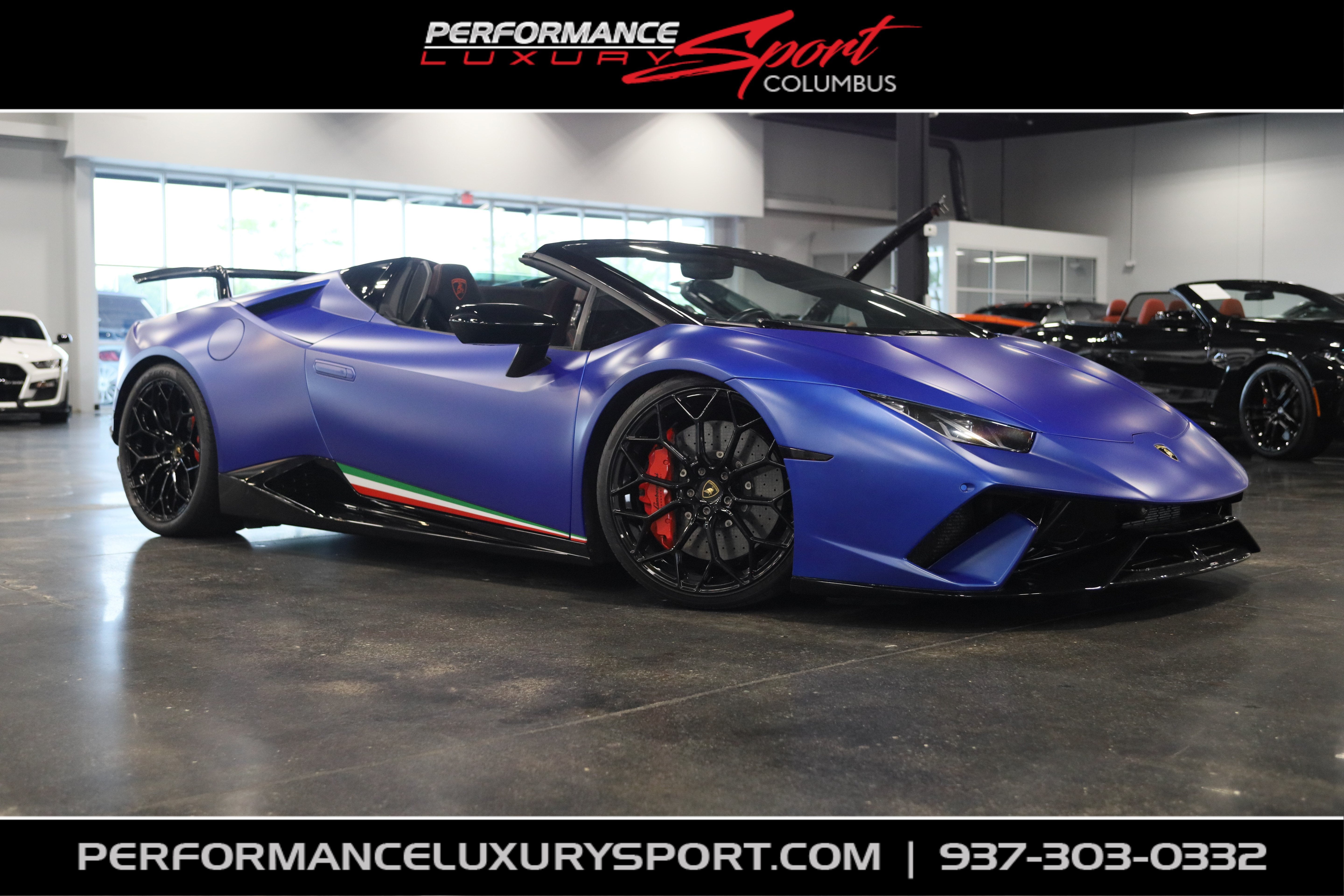 2019 Lamborghini Huracan Performante Spyder in Blu Aegeus Matt — front three-quarter view