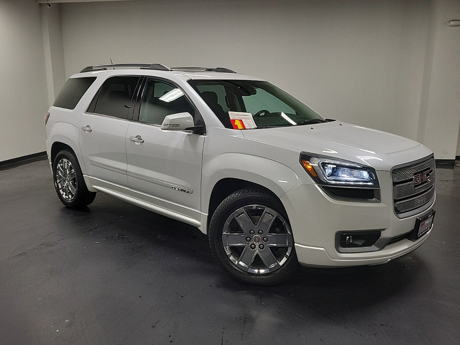 2016 GMC Acadia Denali in White Frost Tricoat — front three-quarter view