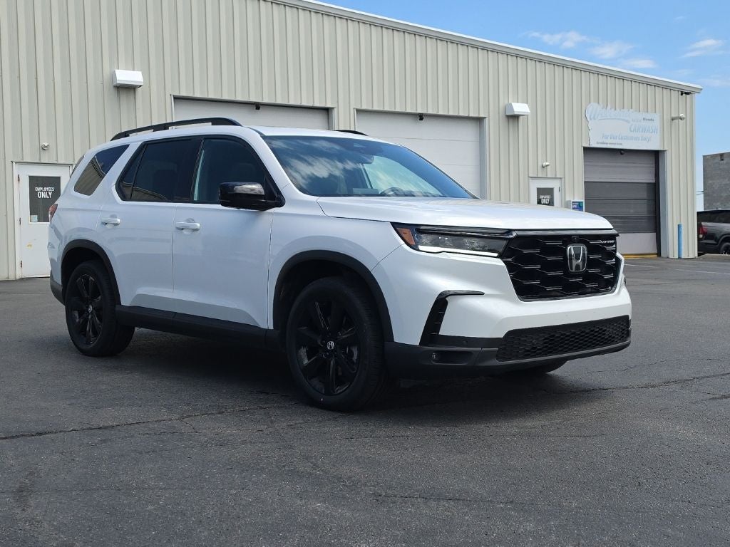 2025 Honda Pilot Black Edition in Platinum White Pearl — front three-quarter view