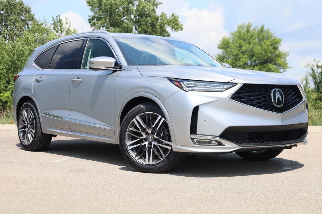 2026 Acura MDX Advance Package SH-AWD in Solar Silver Metallic — front three-quarter view