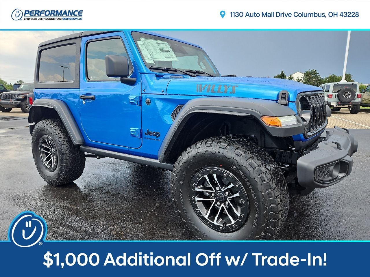 2025 Jeep Wrangler WRANGLER 2-DOOR WILLYS in Hydro Blue Pearl-Coat Exterior Paint — front three-quarter view