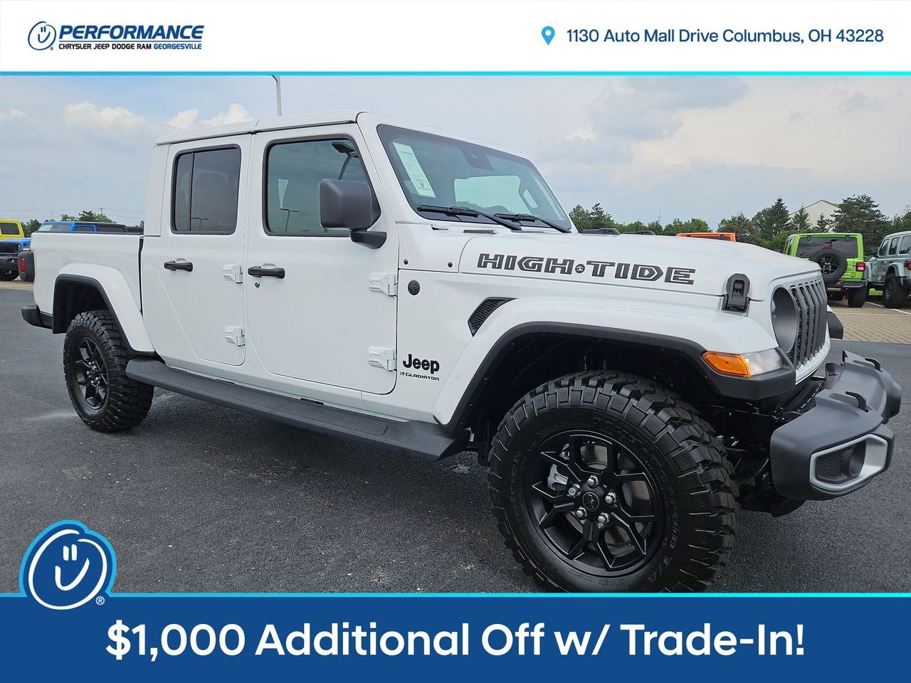 2025 Jeep Gladiator GLADIATOR HIGH TIDE 4X4 in Bright White Clear-Coat Exterior Paint — front three-quarter view