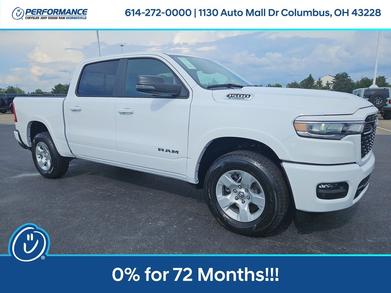 2025 RAM Ram 1500 RAM 1500 BIG HORN CREW CAB 4X4 5'7' BOX in Bright White Clear-Coat Exterior Paint — front three-quarter view