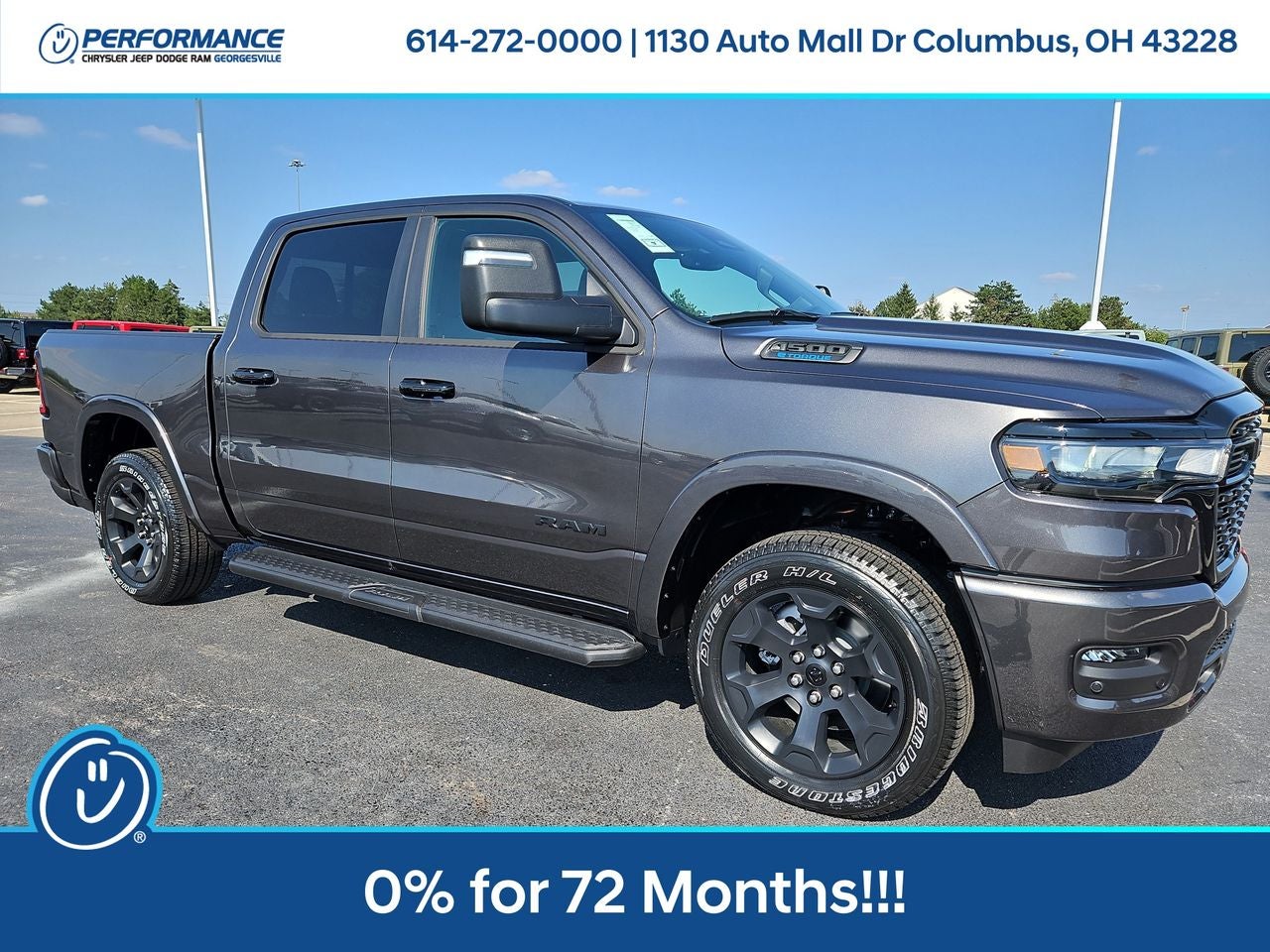 2025 RAM Ram 1500 RAM 1500 BIG HORN CREW CAB 4X4 5'7' BOX in Granite Crystal Metallic Clear-Coat Exterior Paint — front three-quarter view
