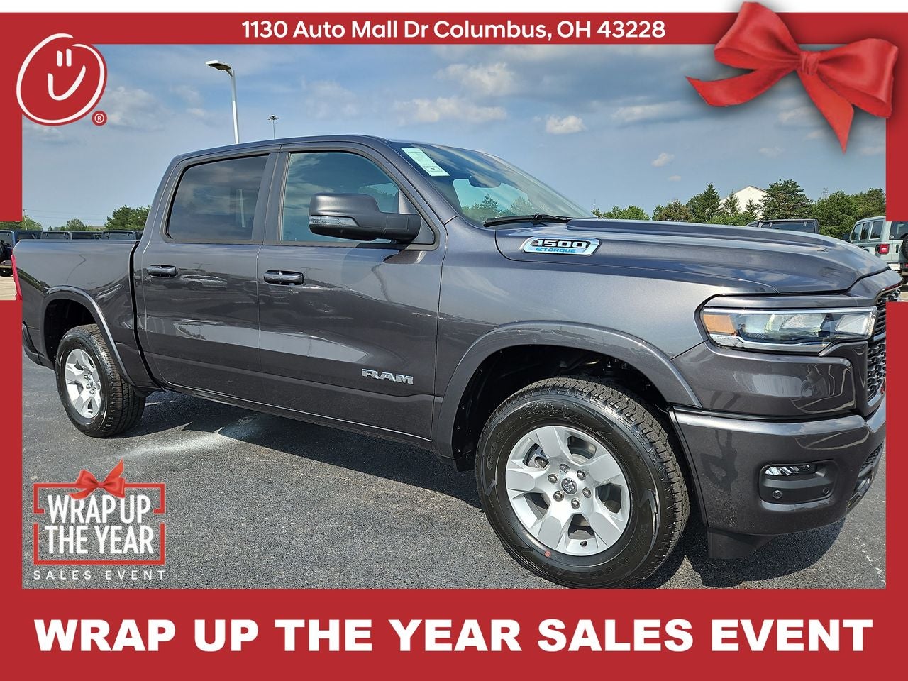 2025 RAM Ram 1500 RAM 1500 BIG HORN CREW CAB 4X4 5'7' BOX in Granite Crystal Metallic Clear-Coat Exterior Paint — front three-quarter view