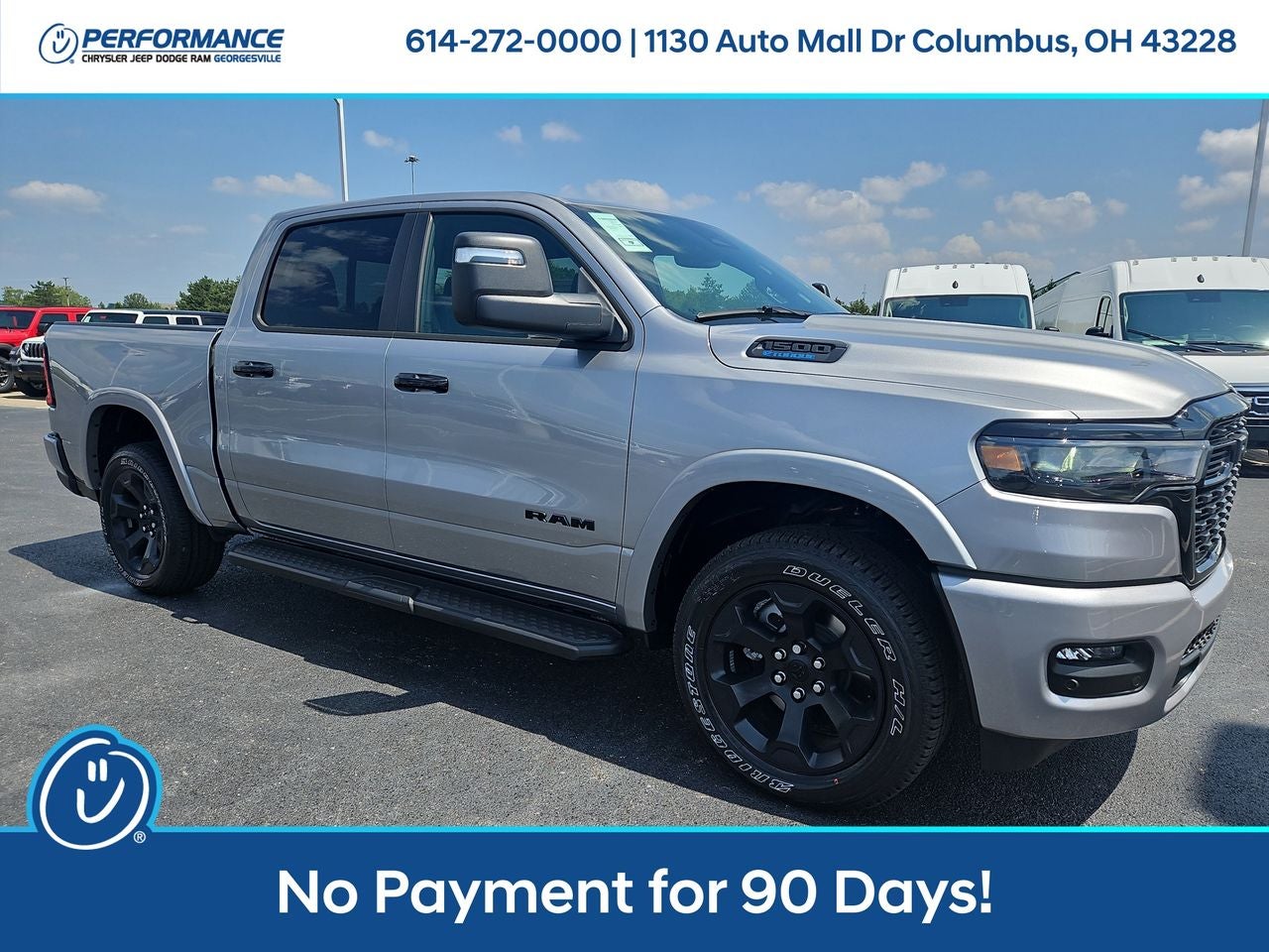 2025 RAM Ram 1500 RAM 1500 BIG HORN CREW CAB 4X4 5'7' BOX in Billet Silver Metallic Clear-Coat Exterior Paint — front three-quarter view