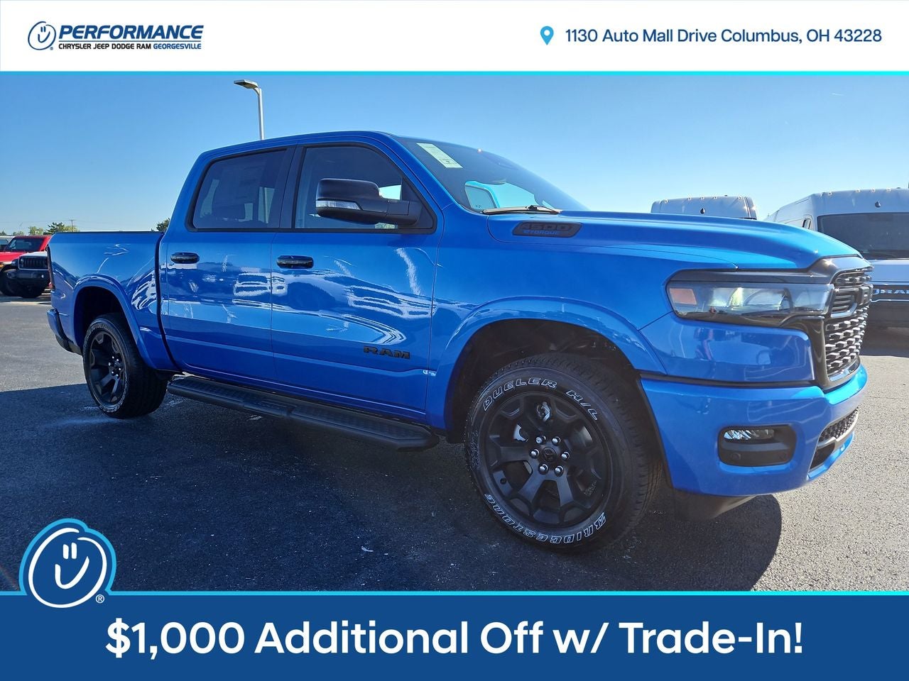 2025 RAM Ram 1500 RAM 1500 BIG HORN CREW CAB 4X4 5'7' BOX in Hydro Blue Pearl-Coat Exterior Paint — front three-quarter view
