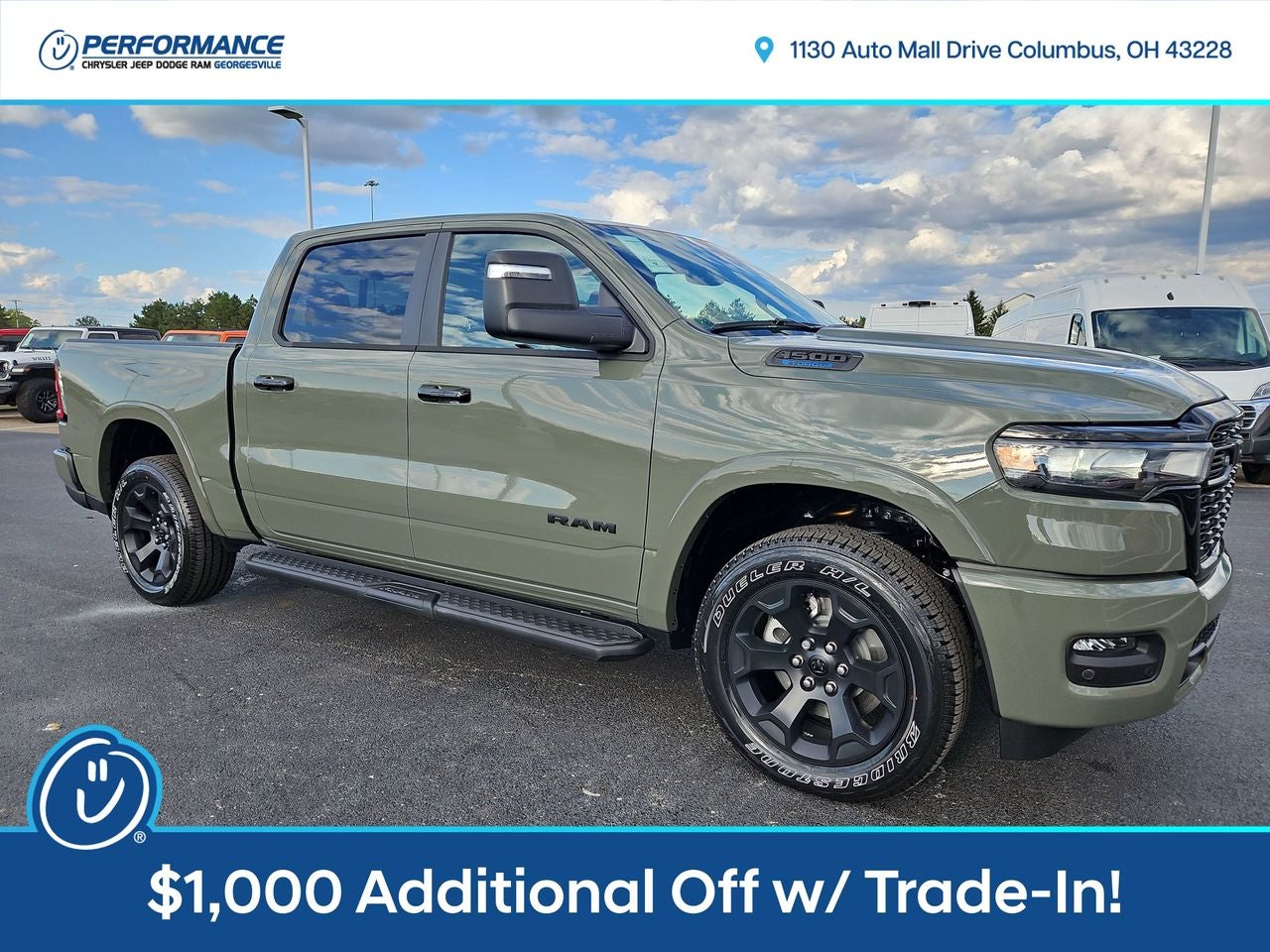 2025 RAM Ram 1500 RAM 1500 BIG HORN CREW CAB 4X4 5'7' BOX in Canyon Lake Exterior Paint — front three-quarter view
