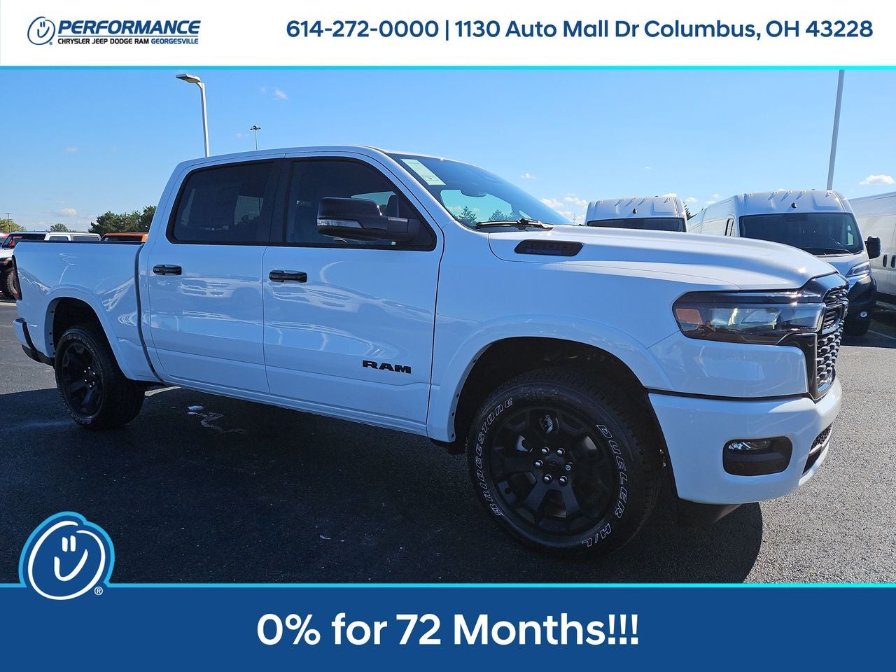 2025 RAM Ram 1500 RAM 1500 BIG HORN CREW CAB 4X4 5'7' BOX in Bright White Clear-Coat Exterior Paint — front three-quarter view