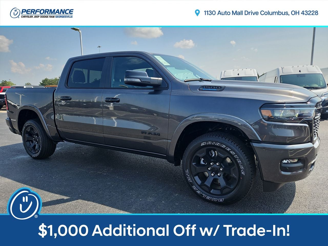2025 RAM Ram 1500 RAM 1500 BIG HORN CREW CAB 4X4 5'7' BOX in Granite Crystal Metallic Clear-Coat Exterior Paint — front three-quarter view
