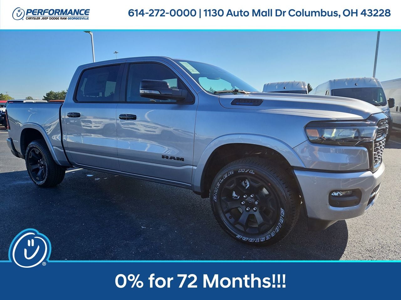 2025 RAM Ram 1500 RAM 1500 BIG HORN CREW CAB 4X4 5'7' BOX in Billet Silver Metallic Clear-Coat Exterior Paint — front three-quarter view