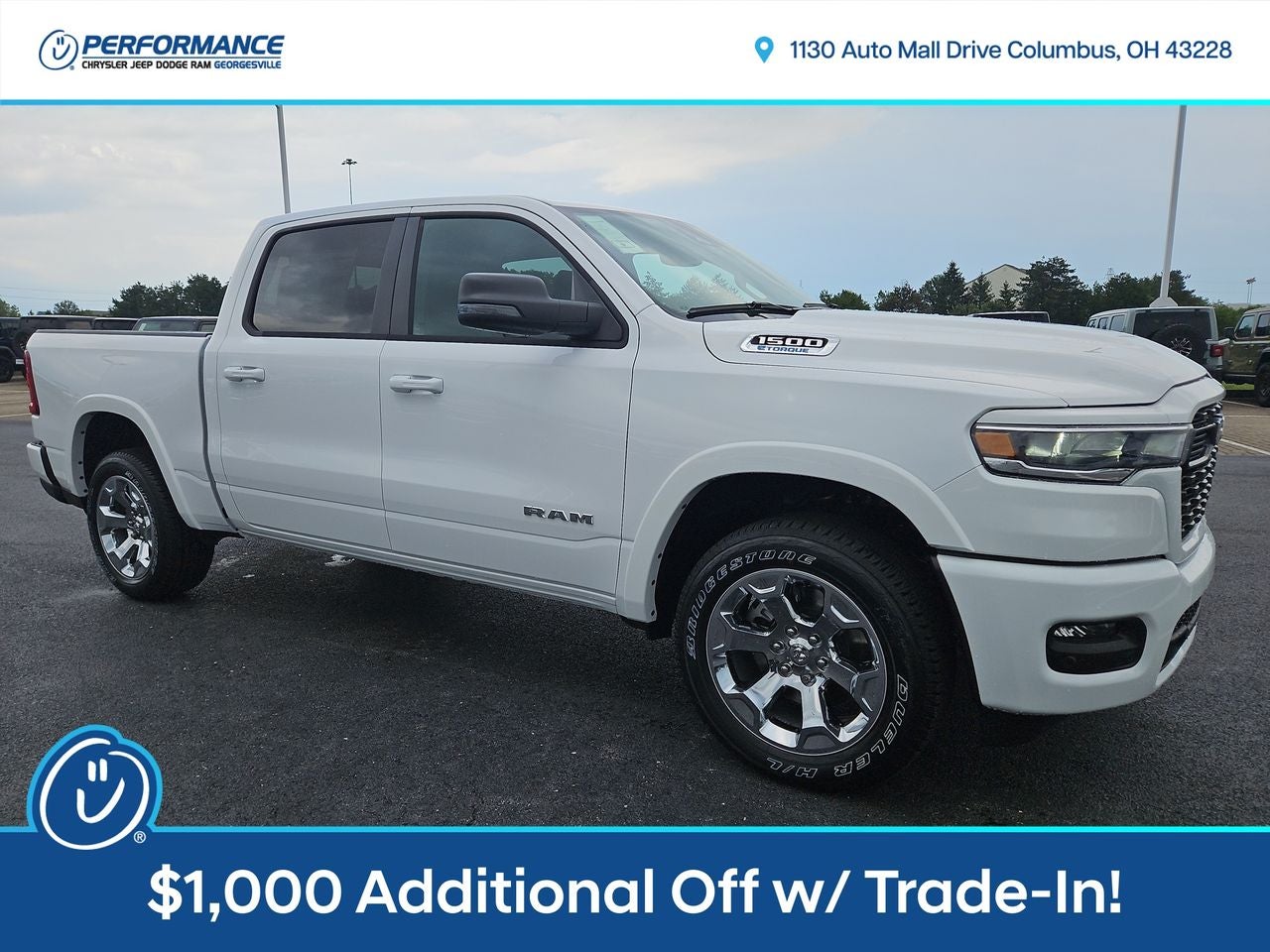 2025 RAM Ram 1500 RAM 1500 BIG HORN CREW CAB 4X4 5'7' BOX in Bright White Clear-Coat Exterior Paint — front three-quarter view