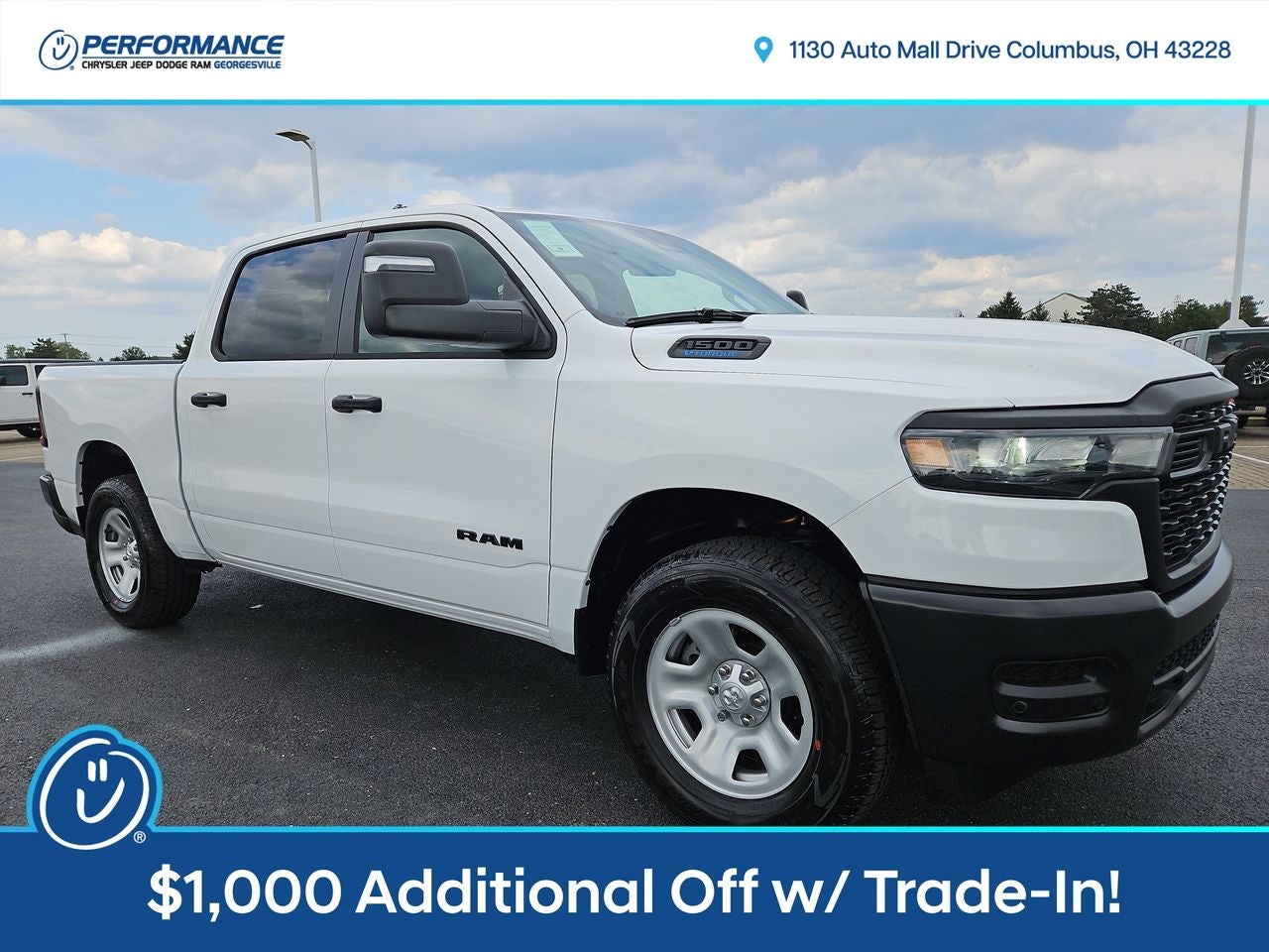 2025 RAM Ram 1500 RAM 1500 TRADESMAN CREW CAB 4X4 5'7' BOX in Bright White Clear-Coat Exterior Paint — front three-quarter view