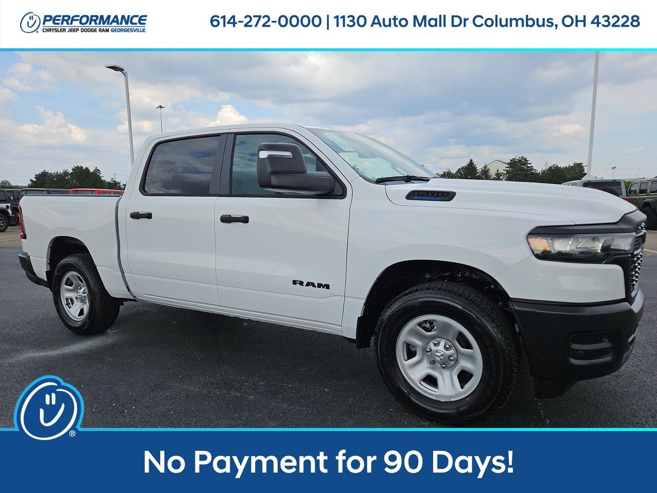 2025 RAM Ram 1500 RAM 1500 TRADESMAN CREW CAB 4X4 5'7' BOX in Bright White Clear-Coat Exterior Paint — front three-quarter view