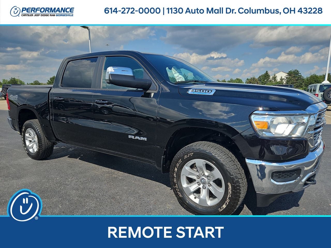 2024 RAM 1500 Laramie Crew Cab 4x4 5'7' Box in Diamond Black Crystal Pearlcoat — front three-quarter view