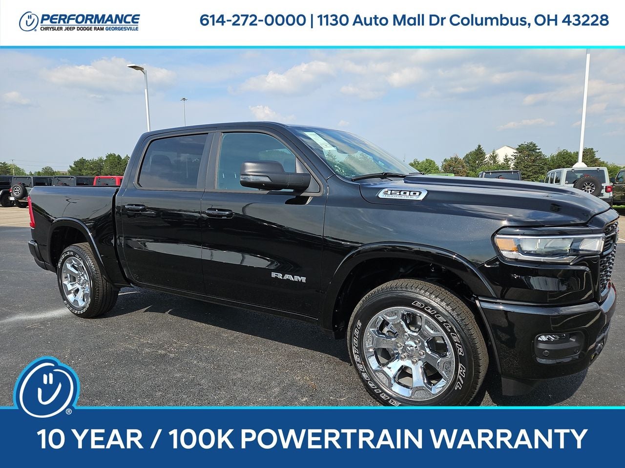 2026 RAM Ram 1500 RAM 1500 BIG HORN CREW CAB 4X4 5'7' BOX in Diamond Black Crystal Pearl-Coat Exterior Paint — front three-quarter view