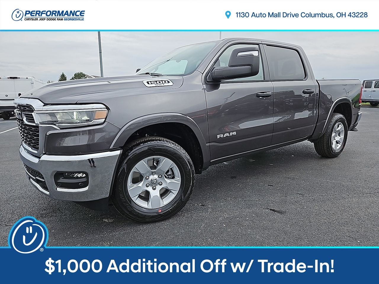 2025 RAM Ram 1500 RAM 1500 BIG HORN CREW CAB 4X4 5'7' BOX in Granite Crystal Metallic Clear-Coat Exterior Paint — front three-quarter view