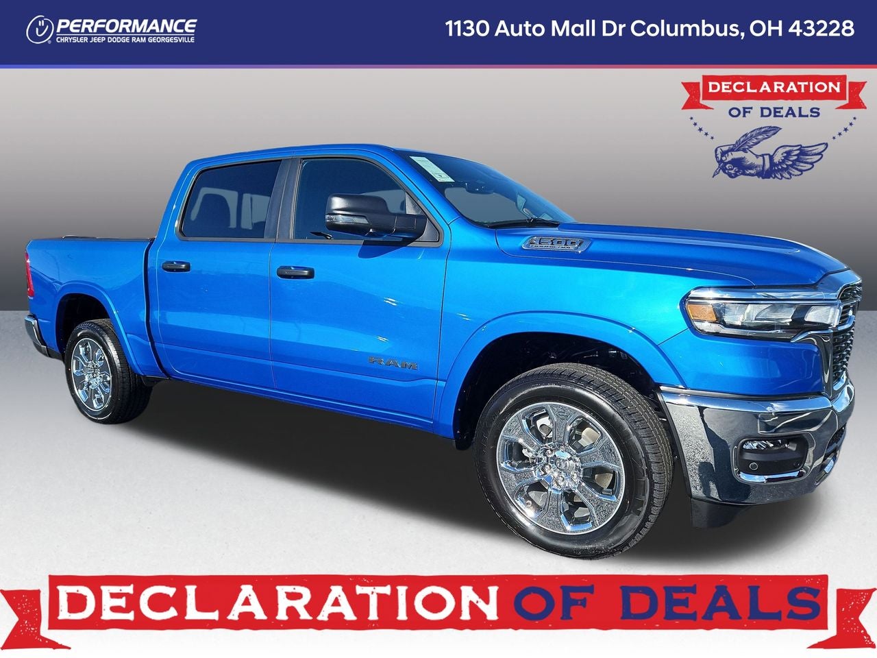 2026 RAM Ram 1500 RAM 1500 BIG HORN CREW CAB 4X4 5'7' BOX in Hydro Blue Pearl-Coat Exterior Paint — front three-quarter view
