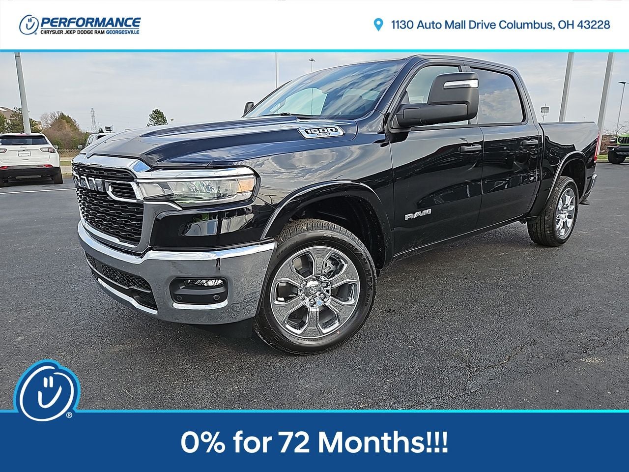 2025 RAM Ram 1500 RAM 1500 BIG HORN CREW CAB 4X4 5'7' BOX in Diamond Black Crystal Pearl-Coat Exterior Paint — front three-quarter view