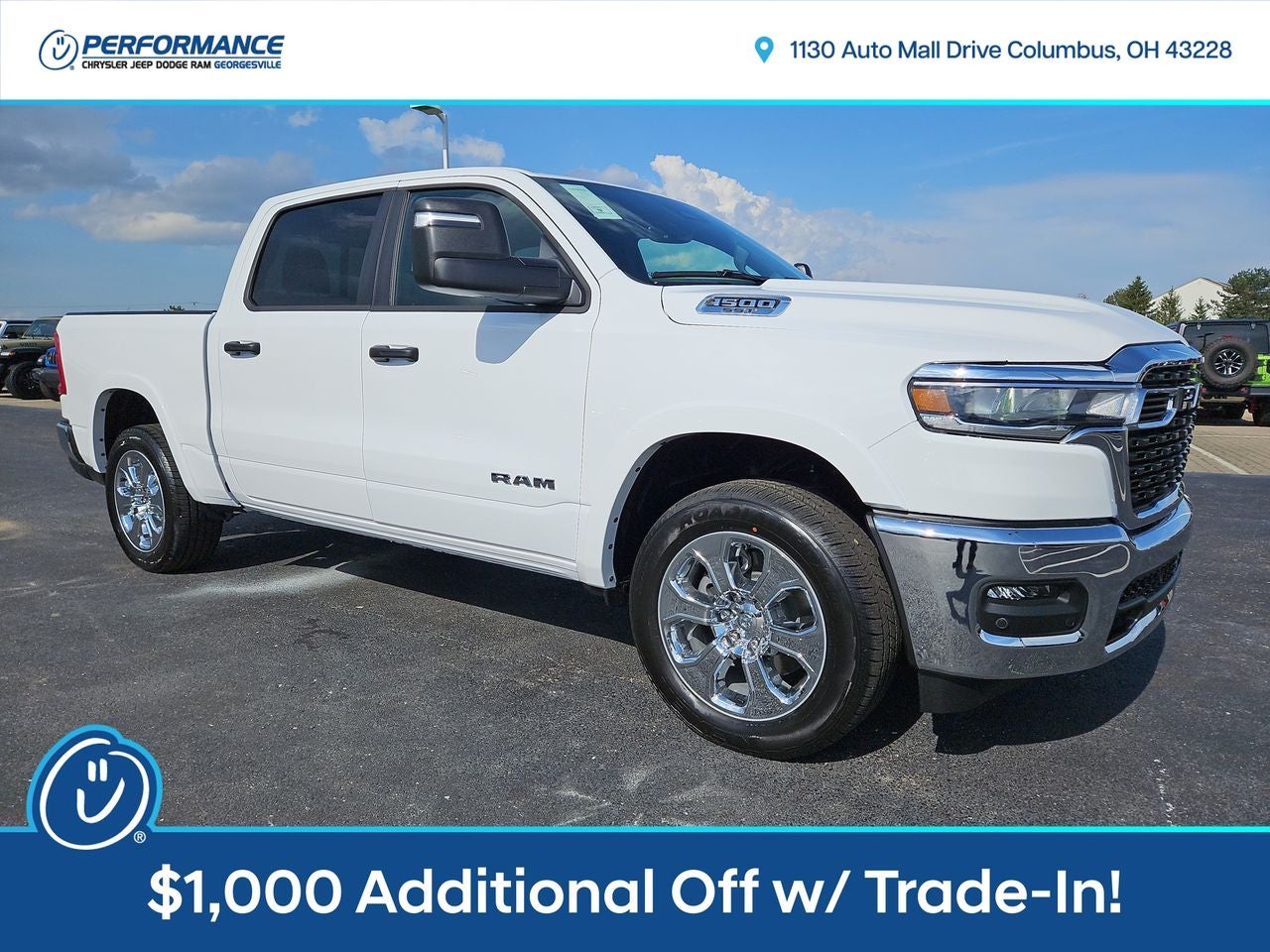 2025 RAM Ram 1500 RAM 1500 BIG HORN CREW CAB 4X4 5'7' BOX in Bright White Clear-Coat Exterior Paint — front three-quarter view