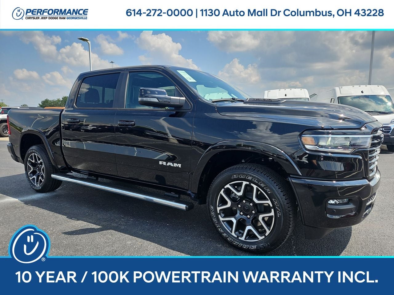 2026 RAM Ram 1500 RAM 1500 LARAMIE CREW CAB 4X4 5'7' BOX in Diamond Black Crystal Pearl-Coat Exterior Paint — front three-quarter view