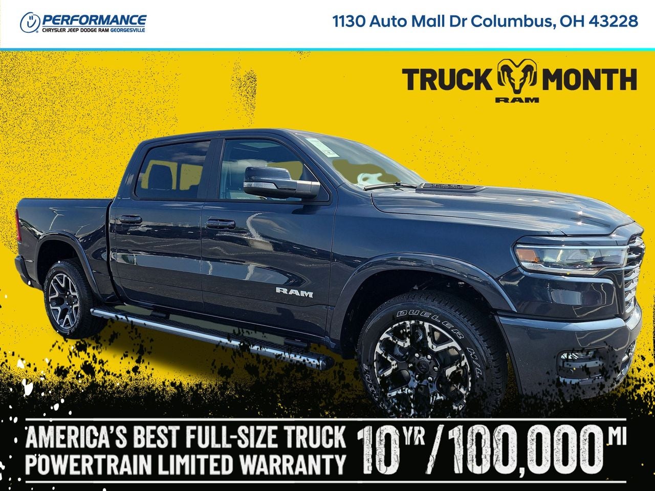 2026 RAM Ram 1500 RAM 1500 LARAMIE CREW CAB 4X4 5'7' BOX in Forged Blue Metallic Exterior Paint — front three-quarter view