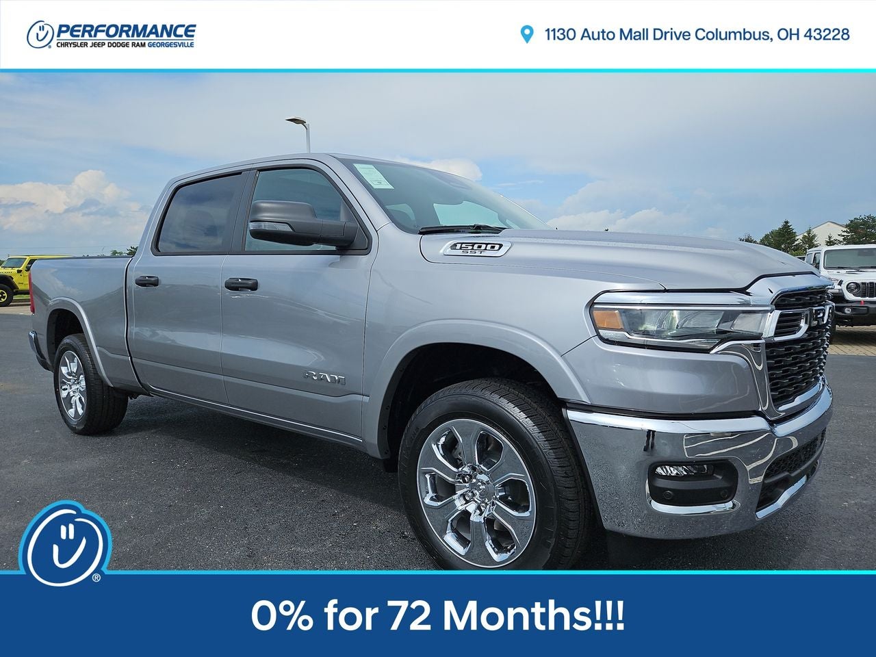 2025 RAM Ram 1500 RAM 1500 BIG HORN CREW CAB 4X4 6'4' BOX in Billet Silver Metallic Clear-Coat Exterior Paint — front three-quarter view