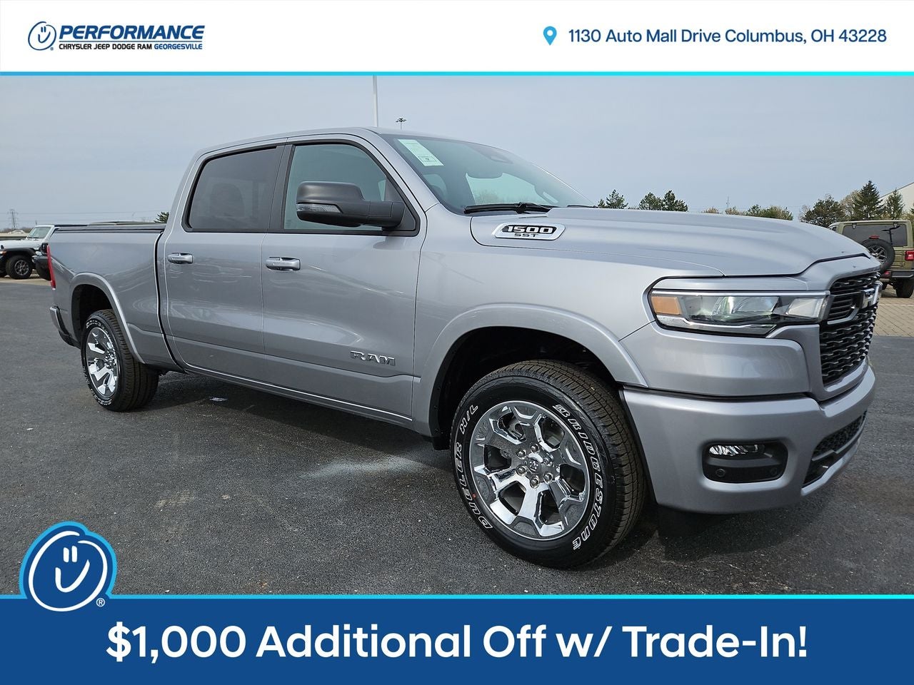 2025 RAM Ram 1500 RAM 1500 BIG HORN CREW CAB 4X4 6'4' BOX in Billet Silver Metallic Clear-Coat Exterior Paint — front three-quarter view