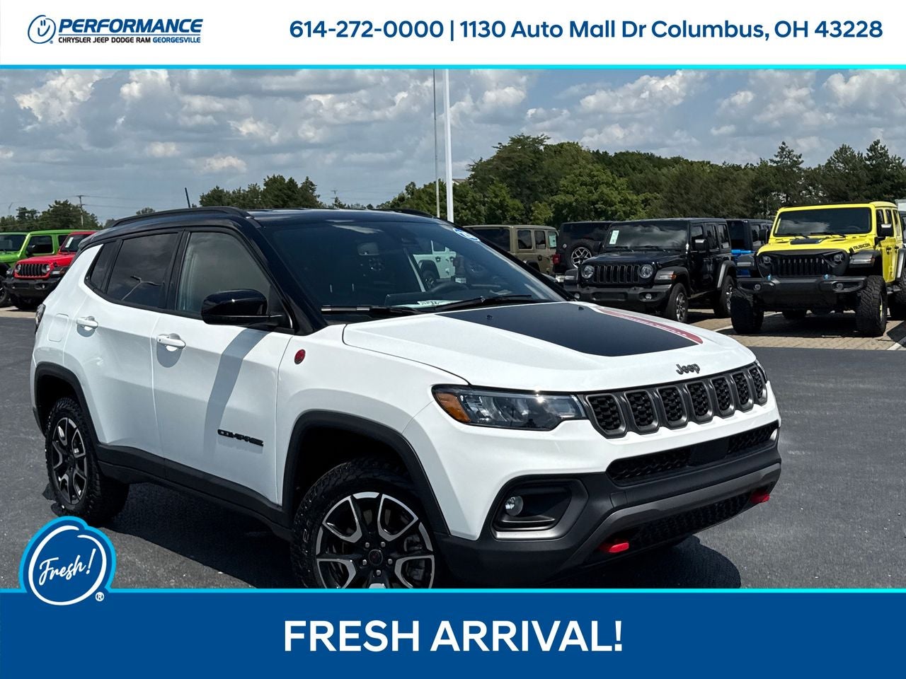 2025 Jeep Compass Trailhawk 4x4 in Bright White Clearcoat — front three-quarter view