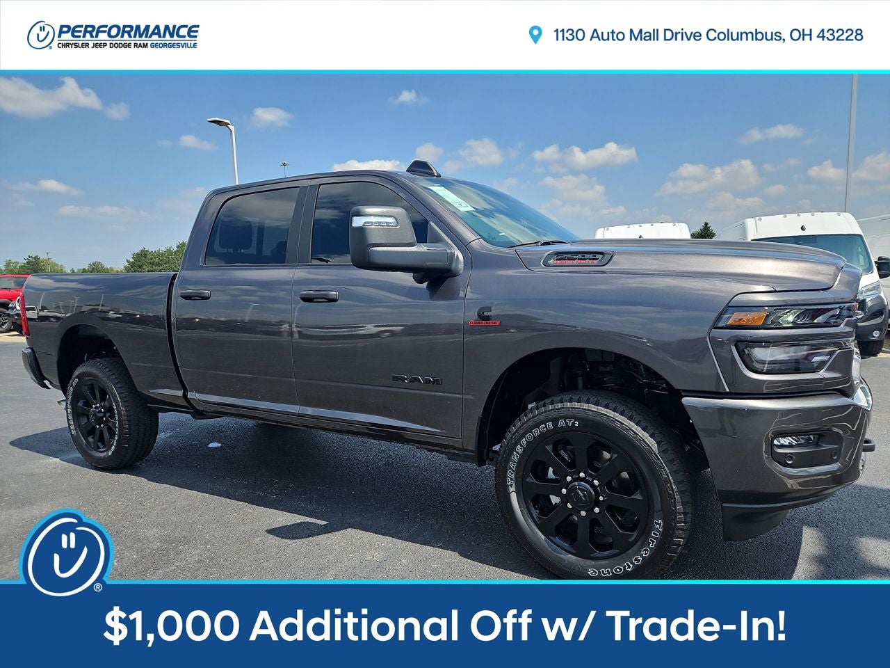 2025 RAM Ram 2500 RAM 2500 BIG HORN CREW CAB 4X4 6'4' BOX in Granite Crystal Metallic Clear-Coat Exterior Paint — front three-quarter view