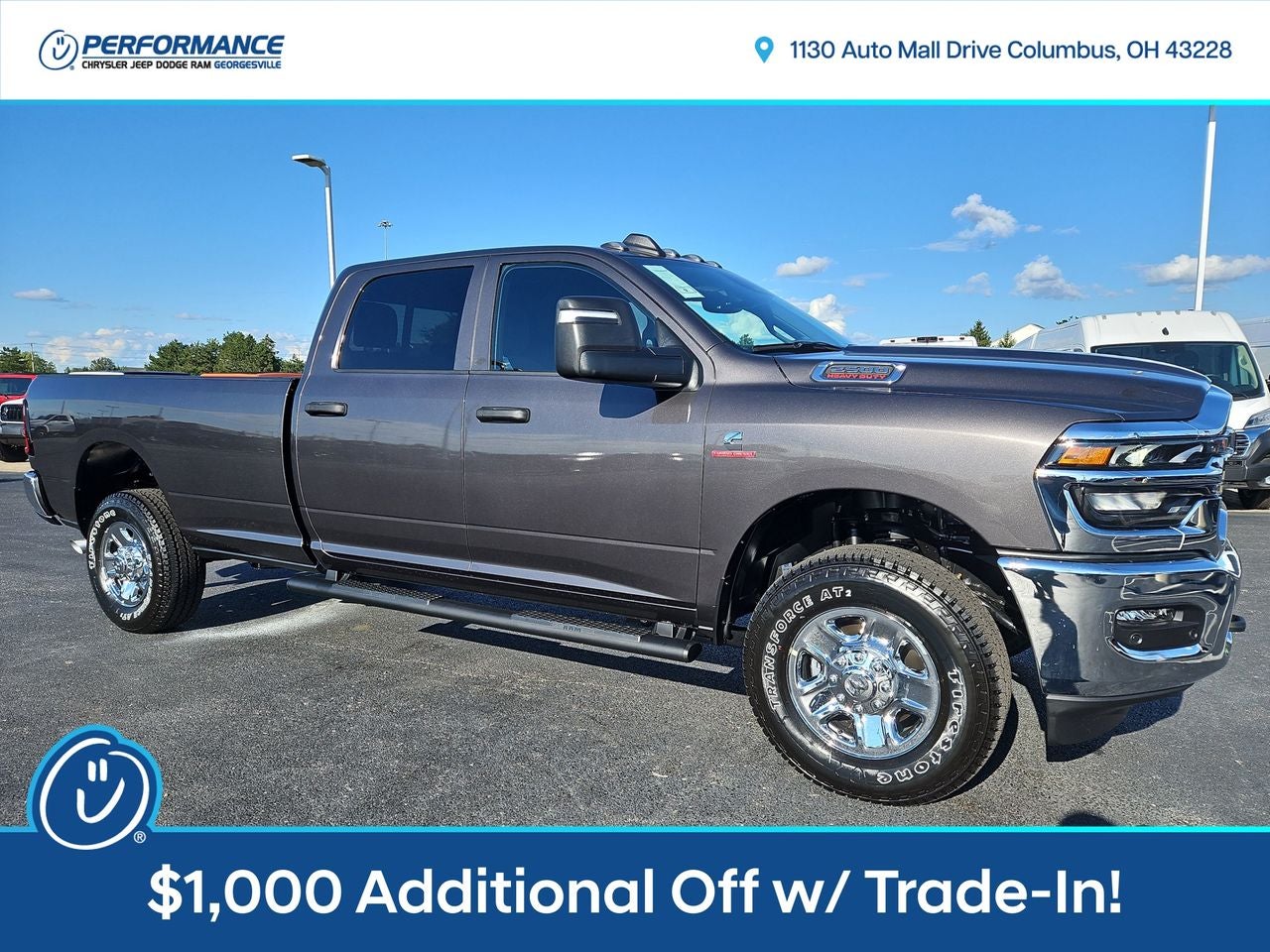 2025 RAM Ram 2500 RAM 2500 TRADESMAN CREW CAB 4X4 8' BOX in Granite Crystal Metallic Clear-Coat Exterior Paint — front three-quarter view