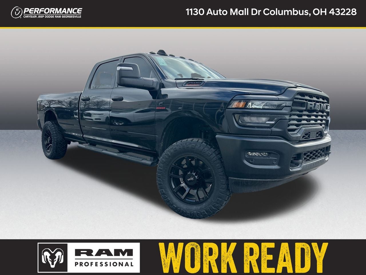2025 RAM Ram 2500 RAM 2500 TRADESMAN CREW CAB 4X4 8' BOX in Diamond Black Crystal Pearl-Coat Exterior Paint — front three-quarter view
