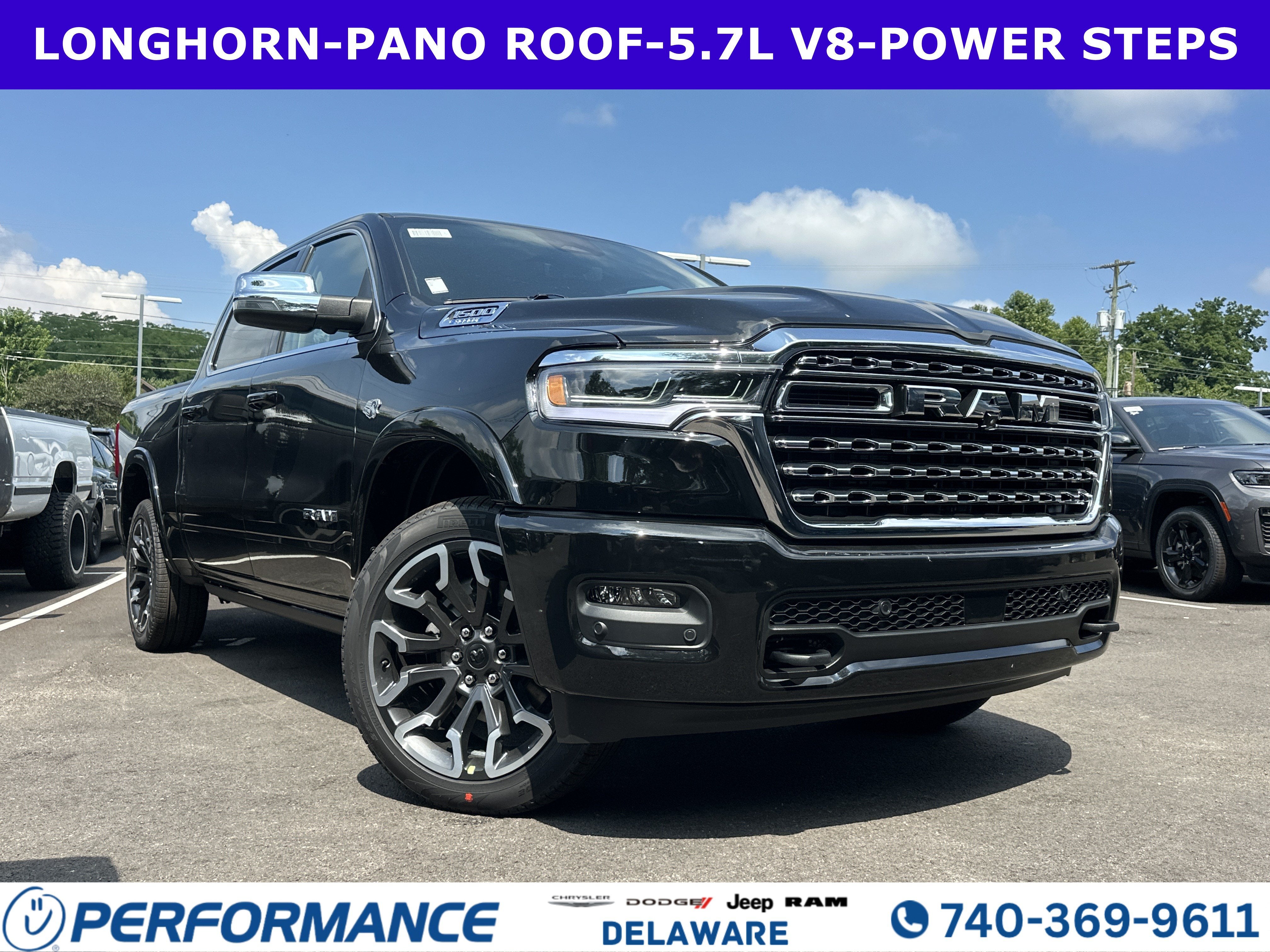 2026 RAM 1500 Longhorn in Diamond Black Crystal Pearlcoat — front three-quarter view