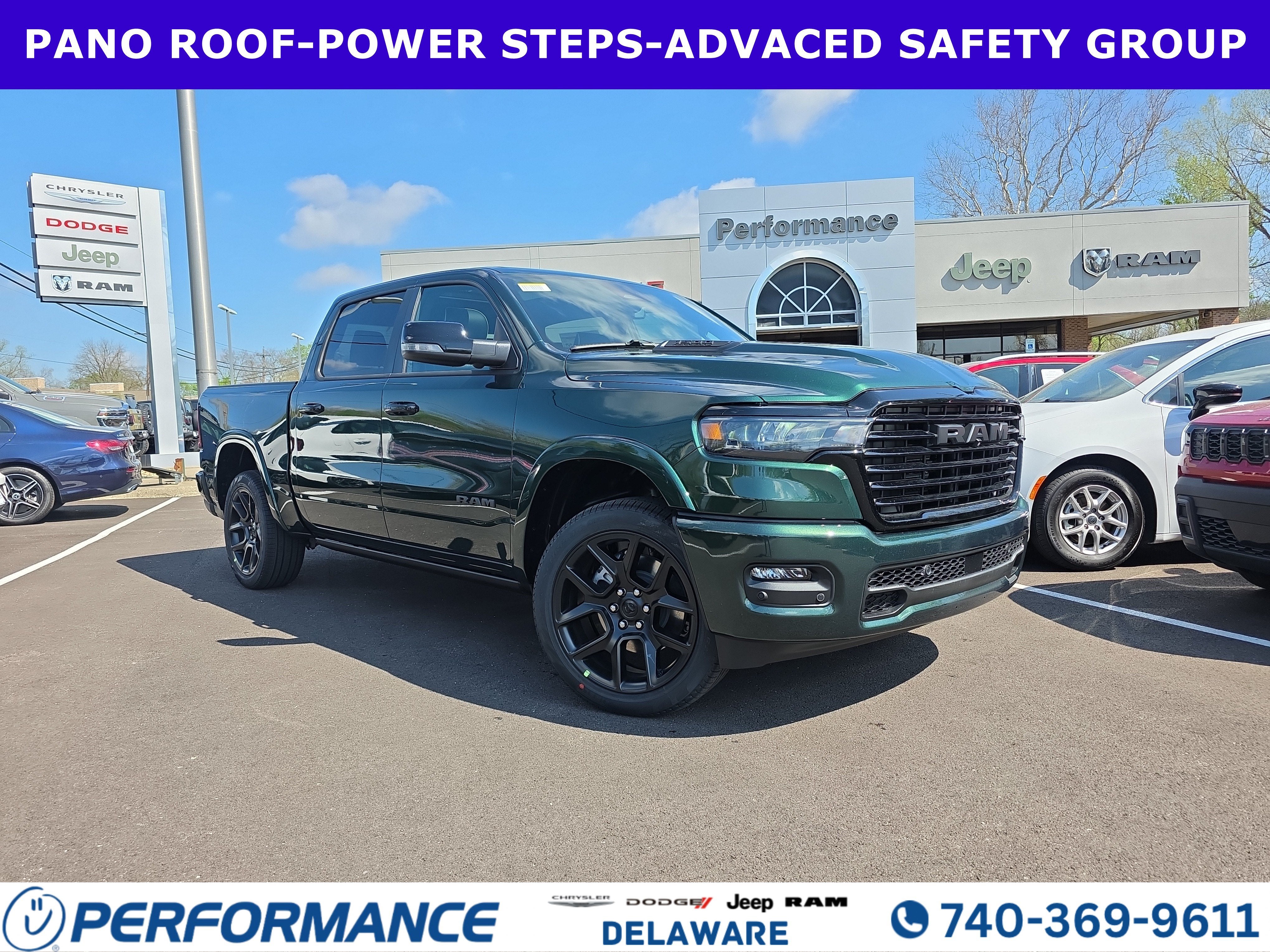 2026 RAM 1500 Laramie in Serrano Green Metallic — front three-quarter view