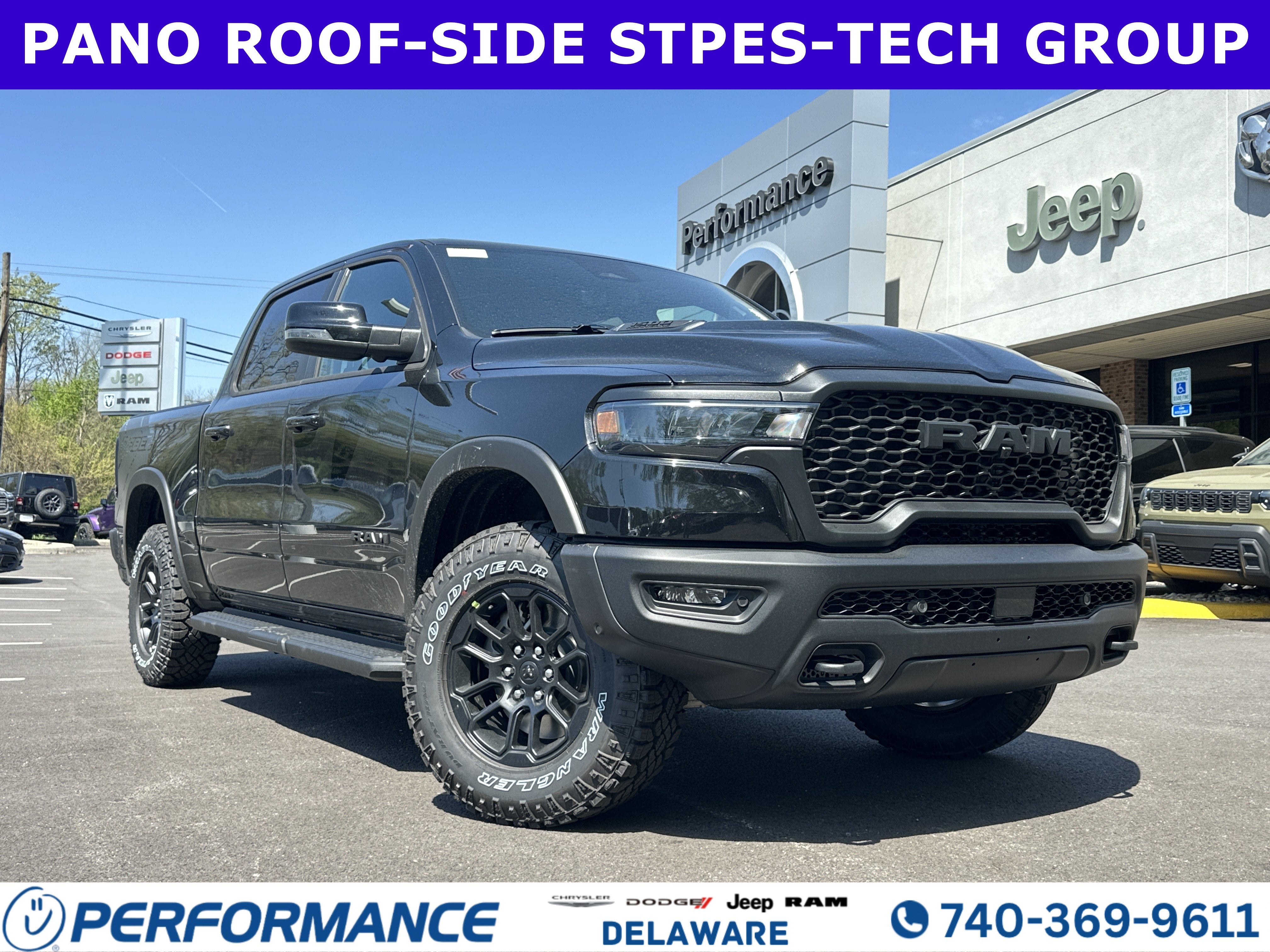 2026 RAM 1500 Rebel in Diamond Black Crystal Pearlcoat — front three-quarter view