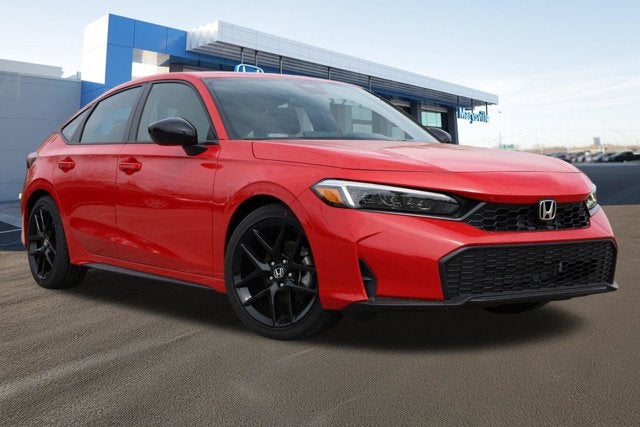 2026 Honda Civic Hatchback Sport CVT in Rallye Red — front three-quarter view
