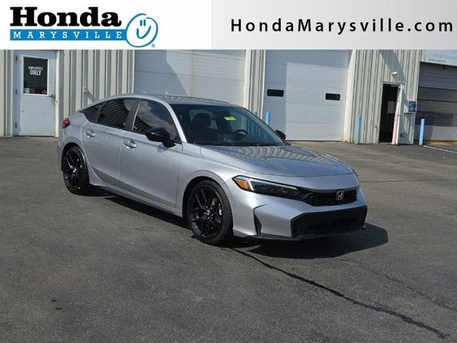 2025 Honda Civic Hatchback Sport in Solar Silver Metallic — front three-quarter view